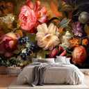 Vintage Floral Wall Mural, Oil Painting Style, Colorful Blooms, Classical Art Decor, Large Scale Wallpaper (Color-35, 137" L x 98" H)