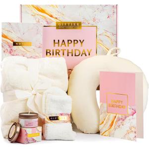 Birthday Gift Basket for Women - Happy Birthday Gift Basket For Her w/Memory Foam Pillow, Blanket, Candle, Socks, Journal, and Card - Curated Birthday Gift Set and Happy Birthday Gift Box for Women