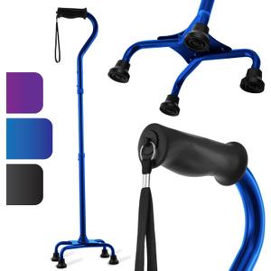HONEYBULL Walking Quad Cane for Men & Women - Adjustable, Lightweight Quad Cane with Large 4 Pronged Base for Extra Balance & Stability; Walking Canes for Seniors, Walking Sticks (Blue)