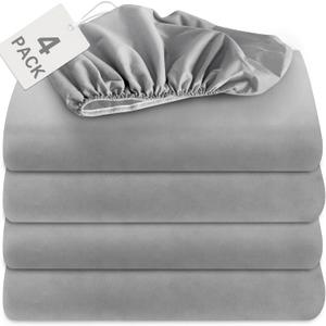 Fitted Sheet 4 Pack, Bedding Fitted Sheets Only, Grey | Shrinkage & Stain Resistant Bottom Bed Sheets with Deep Pocket, Wrinkle Free & Easy Care 90 In x 102 In/ 229 Cm x 259 Cm