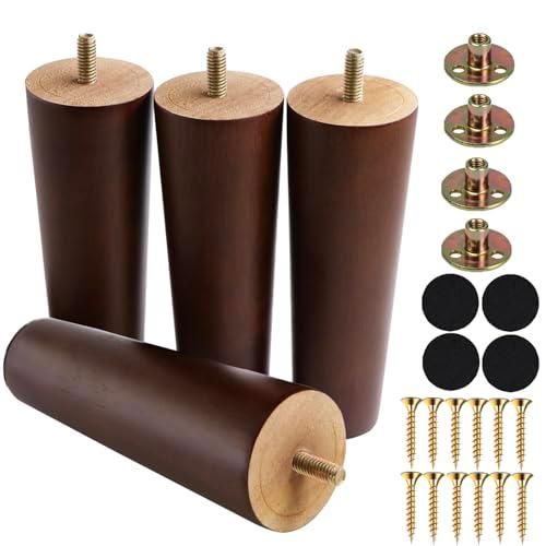 Yaliuliu 6 Inches Round Solid Wood Furniture Legs Set of 4, Brown Wooden Replacement Feet with Threaded 5/16'' Hanger Bolts for Sofa, Couch, Armchair, Cabinet, TV Stand, Ottoman and Dresser