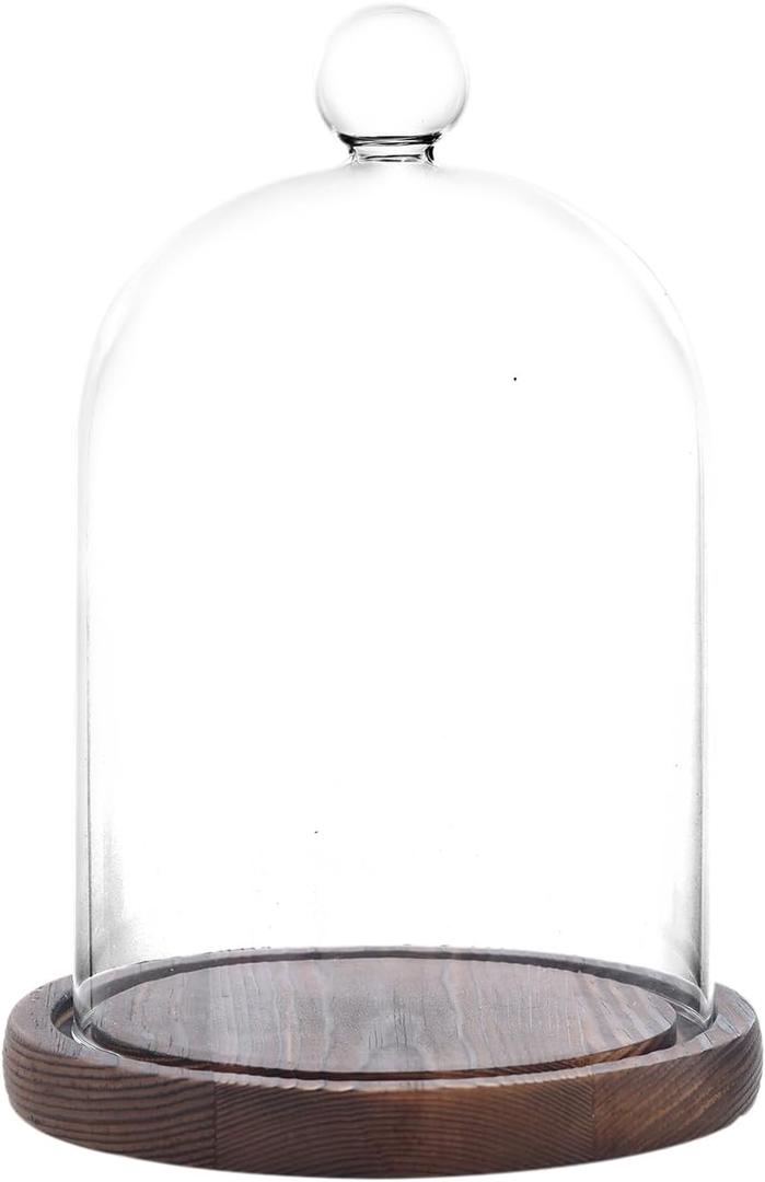 Glass Dome with Base,Glass Cloche Bell Jar,Display Case with Wooden Base for Plants,Collectibles (4.7 * 6.3 inches)