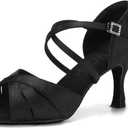 HROYL Women Latin Dance Shoes Professional Practice Performance Ballroom Salsa Dancing Shoes (8.5, Black-suede Sole 3inch Heel-l3047)