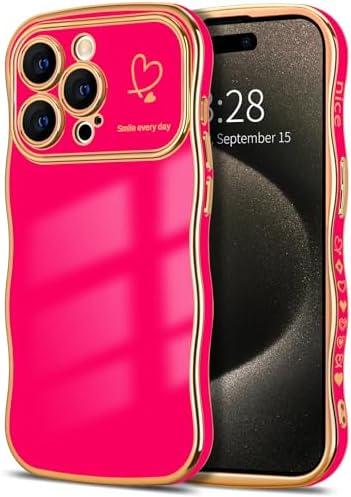 Hython for iPhone 15 Pro Max Case Wave Wavy Phone Cases with Love Heart, Luxury Plating Edge Cute Curly Shape Cover for Women Girls, Thin Slim Soft TPU Rubber Shockproof Protective Cover, Hot Pink, Set Of 2