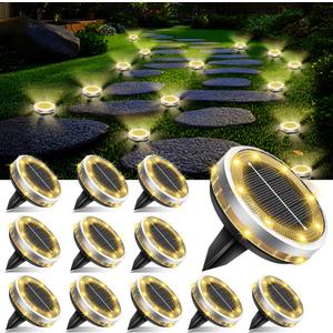 Pack of 12 Solar Ground Lights OutdoorWaterproof, Upgraded Solar Garden Lights with 4 Side Light, Stainless Steel Solar Powered Disc Landscape Light for Walkway Pathway Lawn Yard Patio Deck-Warm White