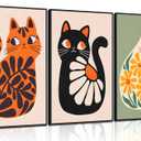 Unframed Cat Wall Art Neutral Boho Poster Plants Retro Animal Pictures Print Green Posters Mid Century Printing Colorful Cat Art Vintage Orange Bedroom Bathroom 24x16 Inch Set of 3