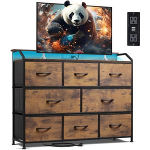 WLIVE Led Dresser for Bedroom, TV Stand for Bedroom with LED Lights and Power Outlet, Wide Chest of Drawers for Hallway, 8 Fabric Drawers for Living Room and Entryway, Rustic Brown (Rustic Brown Wood Grain Print)