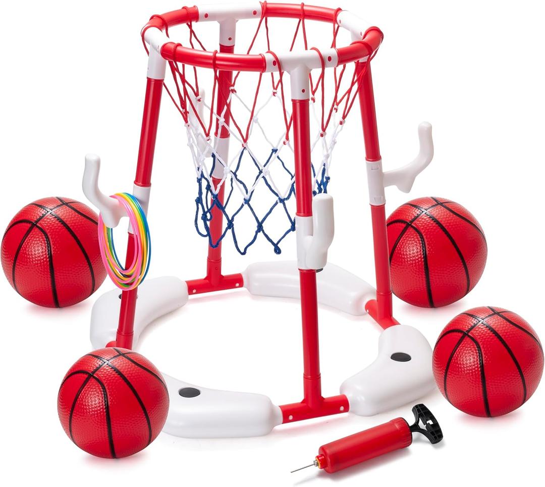 Pool Basketball Hoop for Kids, Ring Toss Pool Toys, Basketball Hoop Outdoor Toddler Toys with 4 Balls & 12 Rings, Pool Floats Kids Summer Toys, Swimming Pool Games Family Party