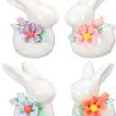 Amyhill 4 Pcs Bunny Figurine Decorations Mini Ceramic Rabbit Figurines Cute Porcelain Bunny Decor Spring Rabbit Ornament with Flowers for Summer Tabletop Centerpiece Office Room Home Decor