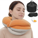 BUYUE Travel Neck Pillows for Airplanes, 360° Head Support Sleep for Long Flight, Skin-Friendly & Breathable, Kit with 3D Contoured Eye Mask, Earplugs and Storage Bag (Adult, Orange, 90+ lbs)