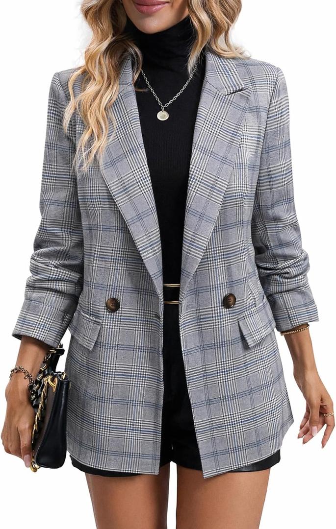 Mina Self Women's 2026 Plaid Houndstooth Blazer - Lightweight Fully Lined Button Casual Daily Office Work Jacket with Pockets, XL