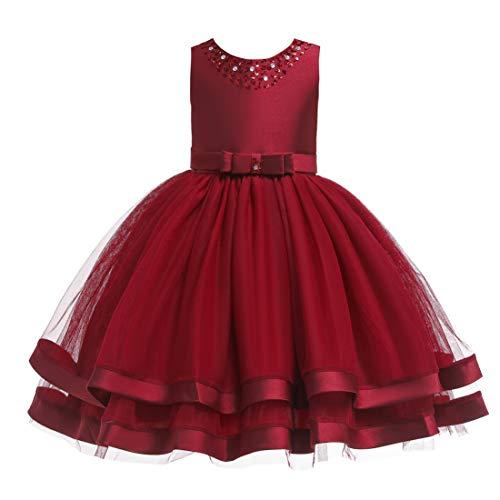 Glamulice Burgundy Flower Girl Dress Ruffles Vintage Embroidered Lace Dresses Christmas Bridesmaid Birthday Party Gown Pageant Holiday Princess Prom Dance Kids Formal Ball Gown Red 10 11, Size 150