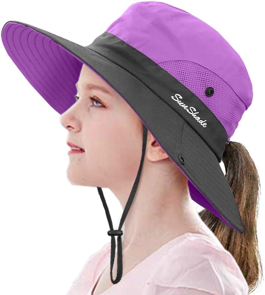 LCZTN Kids Ponytail Sun Hat Wide Brim UV Protection for Girls Beach Bucket Cap (Medium, Purple)