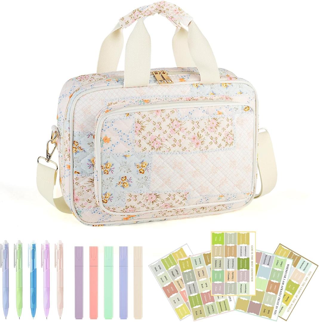 Bible Cover Case for Women, Large Quilted Bible Bag with Bible Study Supplies 5*Sticker & 5*Highlighter & 5*Pen, Stylish Church Bag Journaling Kit, Mothers Day Christian Gifts (Patchwork)