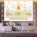 Princess Castle Birthday Backdrop Pastel Rainbow Stripes Magical Background Gold Glitter Happiest Birthday On Earth Party Cake Table Decorations Banner Photo Booth Props (7x5ft)