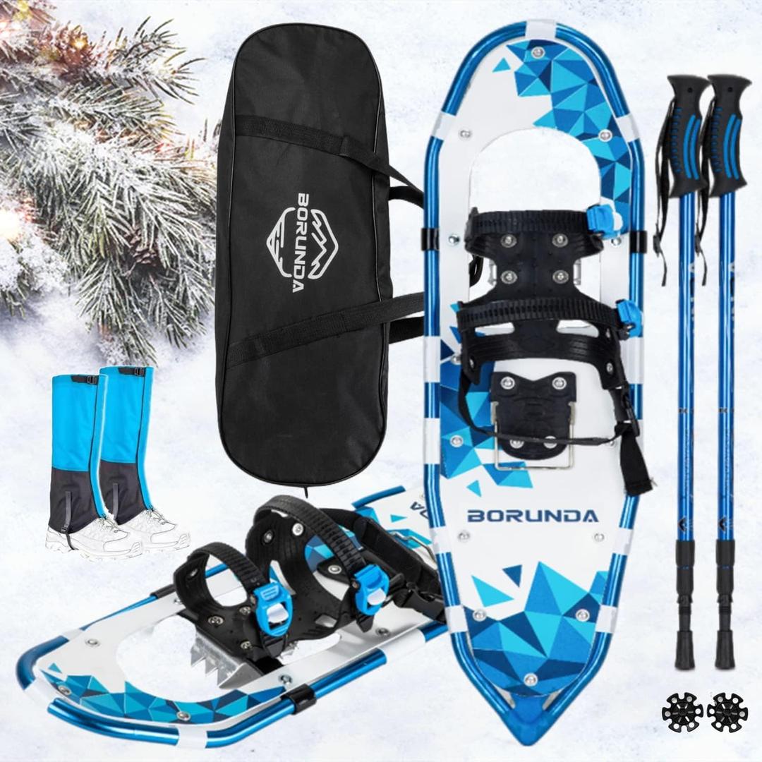 4-in-1 Lightweight Terrain Snowshoes Set for Men Women Youth Kids, Light Weight Aluminum Alloy Terrain Snow Shoes with Trekking Poles,Waterproof Snow Leg Gaiters and Carrying Tote Bag Light weight Snow Shoes Easy to Wear, 25''