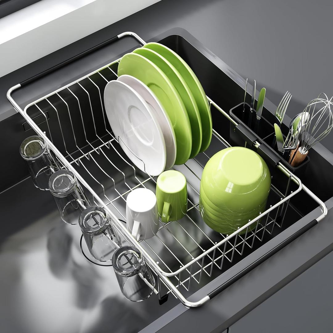 JASIWAY Dish Drying Rack in Sink, Expandable Stainless Steel Dish Drainers for Kitchen Counter, Dish Dryer Rack for Inside Sink, Over The Sink Dish Racks with Utensil Holder, Silver, For 11.5"-30"W Sink
