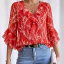 Gaharu Womens Dressy Casual Blouses 3/4 Sleeve V Neck Ruffle Tops Business Ladies Summer Fashion Work Shirt (XL)