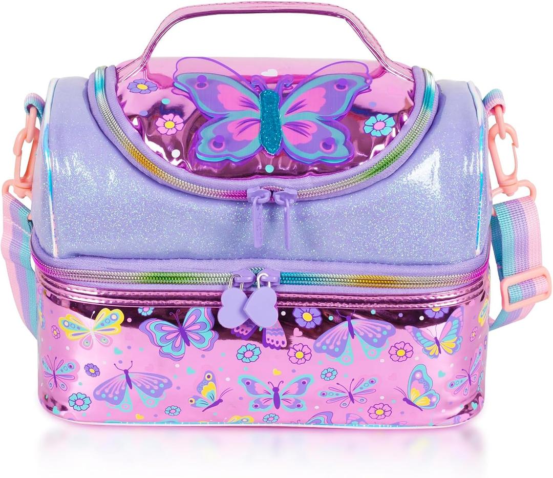 Kids Double Decker Cooler Insulated Lunch Bag, Back to School Large Meal Tote for Boys, Girls, Men, Women, with Adjustable Strap, Butterfly