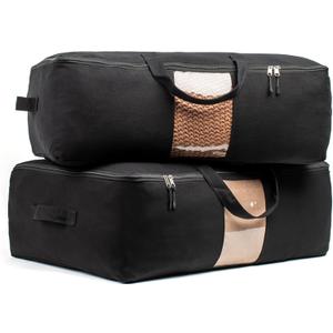 Soft Canvas Storage Bags with Zipper. Thick Breathable, 2pc King/Queen Comforter Organizer. Four Carrying Handles and Window. Large 25x19x9in Bag for Sheets Blankets Bedding Pillows, Clothes (Black)