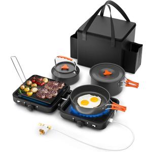 Hisencn Camping Stove,2 Burner Propane Stove,20000 BTU/h Camping Cooking set Includes Frying Pan,Kettle and Pot,Adjustable Burners & Piezo Ignition,Portable stove for camping Outdoor,Black