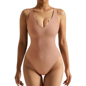 SUUKSESS Women Notch Neck Ribbed Seamless Bodysuit Padded Sexy Tank Tops (Medium, #1 Khaki)