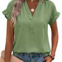 Tankaneo Short Sleeve Shirts V Neck Dressy Casual Top Summer Cotton Blouses (Green, M)