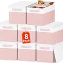Large Closet Organizer Bins with Lids 8 Pack - Pink Storage Baskets for Shelves Nursery Bedroom Dorm RV - Stackable Decorative Closet Organization Box with Handles for Clothes Purse Blanket Towel