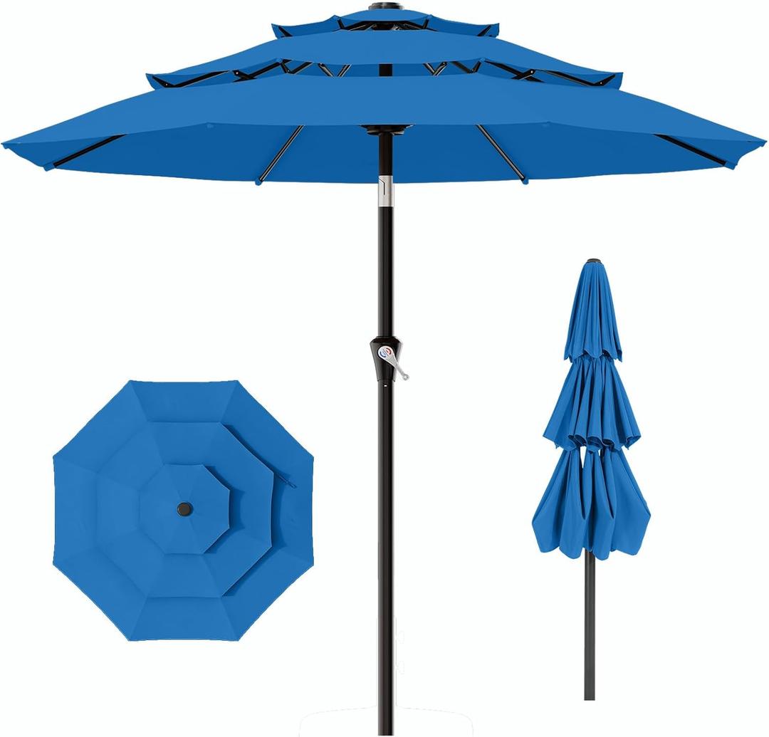 AreShark 9ft 3-Tier Patio Umbrellas, Outdoor Umbrella with 8 Sturdy Ribs UV Protection Windproof, Market Table Umbrella w/Push Button Tilt & Crank for Pool, Porch, Deck, Garden(Royal Blue)