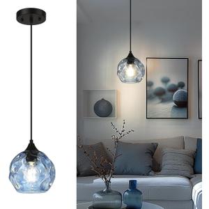 Emliviar 1-Light Pendant Lighting Hammered Glass, Modern Blue Ceiling Hanging Light for Kitchen, DYE287G1-MIL BK