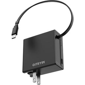 Gitryin 65W USB C Wall Charger with Built-in Retractable Cable, 2-in-1 Foldable Fast Charger Block, Travel Essentials Compatible for Laptop, MacBook Pro/Air, iPhone 16/15, iPad, Galaxy, Pixel, Black