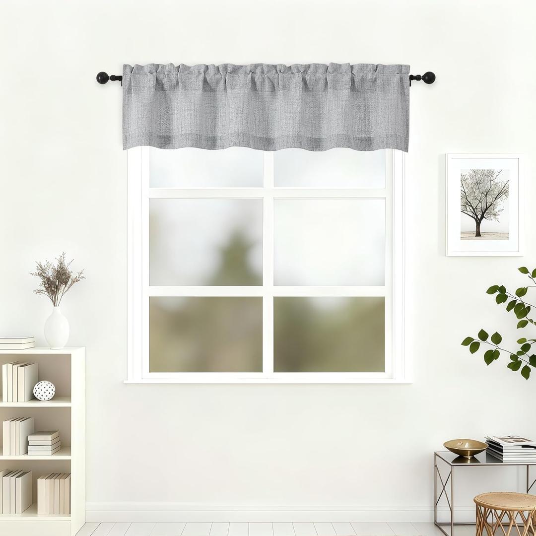 Lecloud Grey Valance for Window 12 Inch Length, Light Filtering Faux Linen Textured Soft Kitchen Curtains, Rod Pockets Short Airy Drapes for Bathroom Basement Farmhouse, 60" W x 12" L 1 Panel