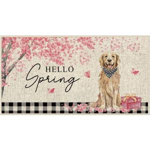 Dlzdn Hello Spring Dog Door Mat Golden Retriever Cherry Blossom Floral Decorative Doormat Holiday Non-Slip Rubber Backed Entryway Rugs for Indoor Outdoor Entrance Floor 17 x 30 Inch