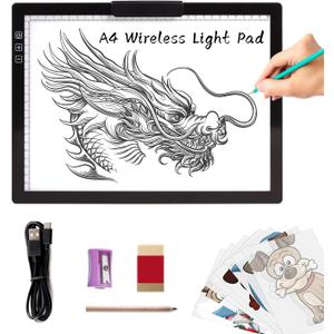 A4 Wireless LED Light Pad with Innovative Stand and Top Clip, TOHETO Rechargeable Battery Powered Light Box Stepless Dimmable 6 Levels Brightness Cordless Light Board for Tracing Weeding Vinyl (Black)