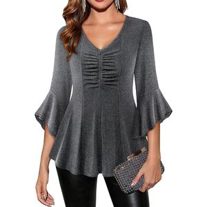 Women's Sparkly Tops Ruffle 3/4 Sleeve Blouses Holiday Shirts Christmas Outfits, Size XL