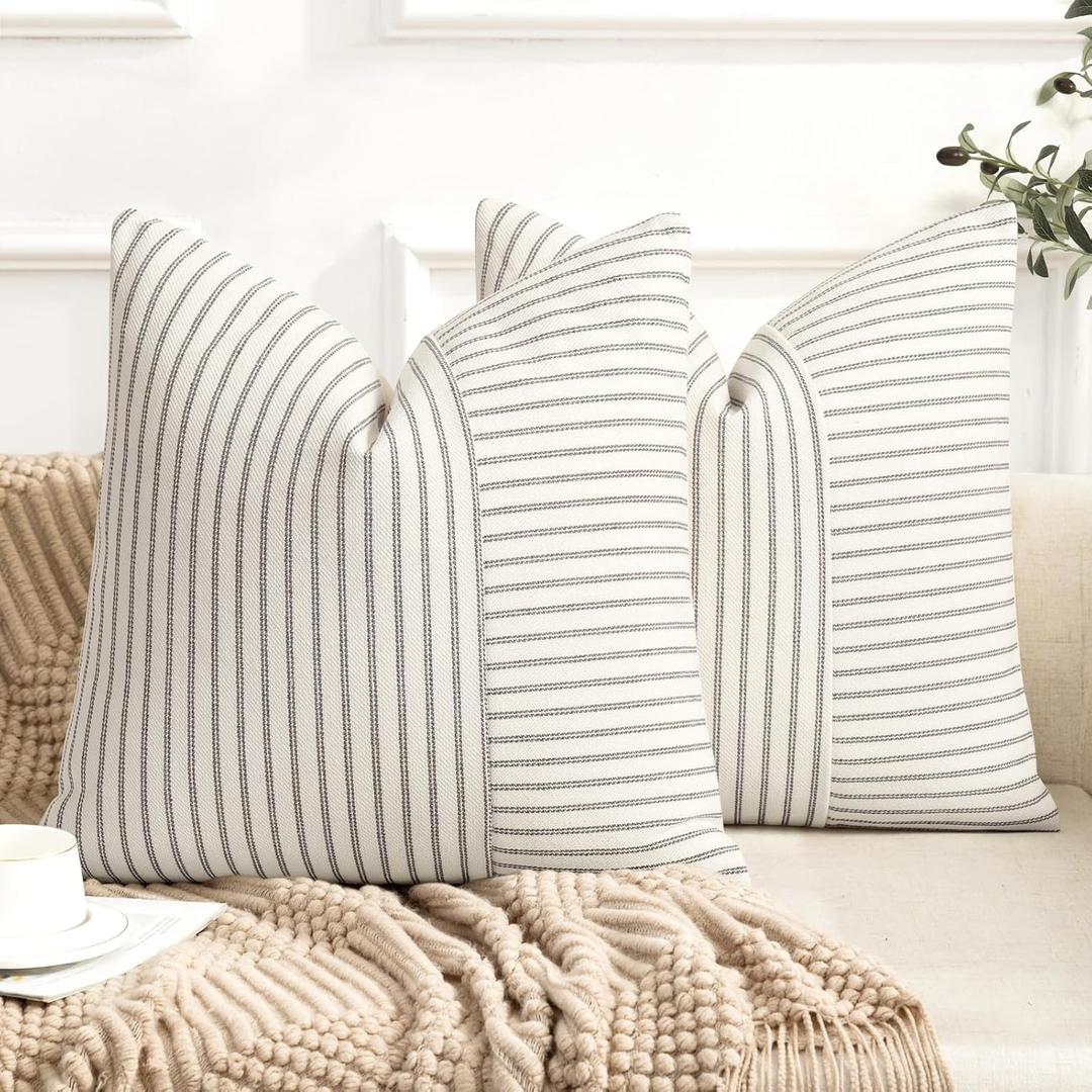 Farmhouse Pillow Covers 18x18, Modern Accent Square Throw Pillow Covers Set of 2, Gray and Beige Striped Patchwork Linen Decorative Pillows Cushion Covers for Couch Chair Bedroom Fall Decorations