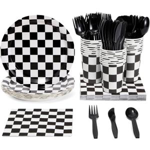 144 Piece Race Car Birthday Party Supplies, Serves 24 Guests Disposable Checkered Flag Plates, Cocktail Napkins, Cups, Cutlery, Bulk Pack Tableware for Party Decorations
