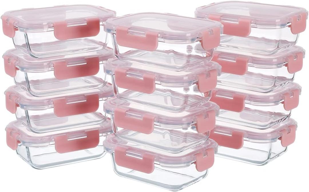 Small Glass Food Storage Containers 12 Pack-12oz Glass Containers with Lids for Meal Prep, Food Storage, Freezer to Microwave Safe, Air-Tight, Leak-Proof, Pink Set