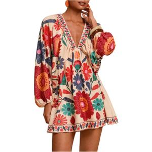 RoseSeek Women's Boho Floral V Neck Mini Dress Bishop Sleeve Tropical Dress (L)