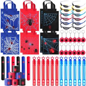 Foilswirl 60 Pcs Spider Party Favors Include Spider Sunglasses, Web Gift Tote Bags, Slap Wristbands, Silicone Keychains, and Blue Red Star Bubble Wands for Birthday Comic Hero Party Decoration