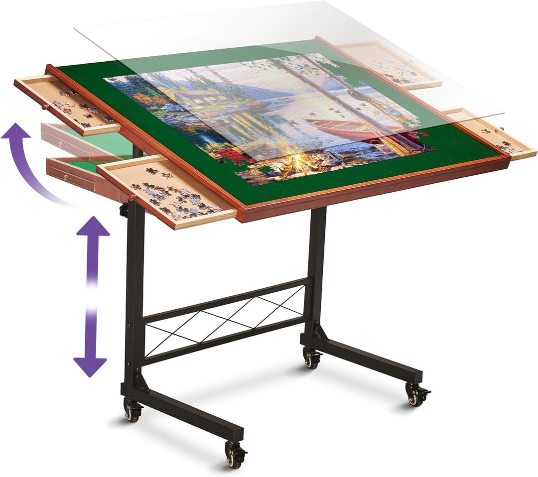 JoyBerri Puzzle Station Jigsaw Puzzle Table/Rolling Desk - 1500 Piece Puzzle Board/Portable Jigsaw Tables with Drawers and Legs - Height Adjustable for Adults
