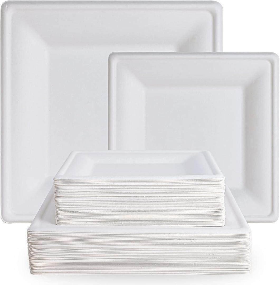 ECOLipak 120 Pack Compostable Paper Plates, 10 inch and 8 inch Heavy Duty Eco-friendly Sugarcane Biodegradable Disposable Square Plates for Party Dinner Birthday