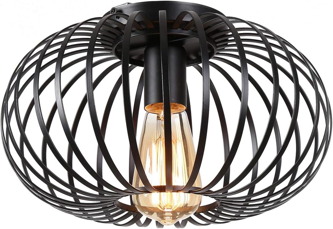 Industrial Semi-Flush Mount Ceiling Light,Black Metal Cage Ceiling Light Fixture for Kitchen,Bedroom,Hallway,Entryway,Dining Room,Farmhouse Lighting