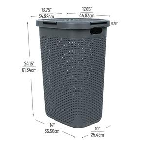 Mind Reader 60L Slim Laundry Hamper, Clothes Basket, Lid, Wicker Design, Plastic, 17.65"L x 13.75"W x 24.15"H, Gray