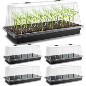 1020 Plant Tray with Tall 7.3'' Dome, 5-Pack Extra Large Seed Starter Tray with Humidity Domes, Heavy Duty 1020 Trays and Flats with Lid, Seed Germination Mini Greenhouse No Hole for Balcony Garden