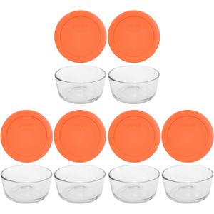 Pyrex (6 7200 2 Cup Glass Dishes & (6) 7200-PC 2 Cup Orange Lids - Made in the USA