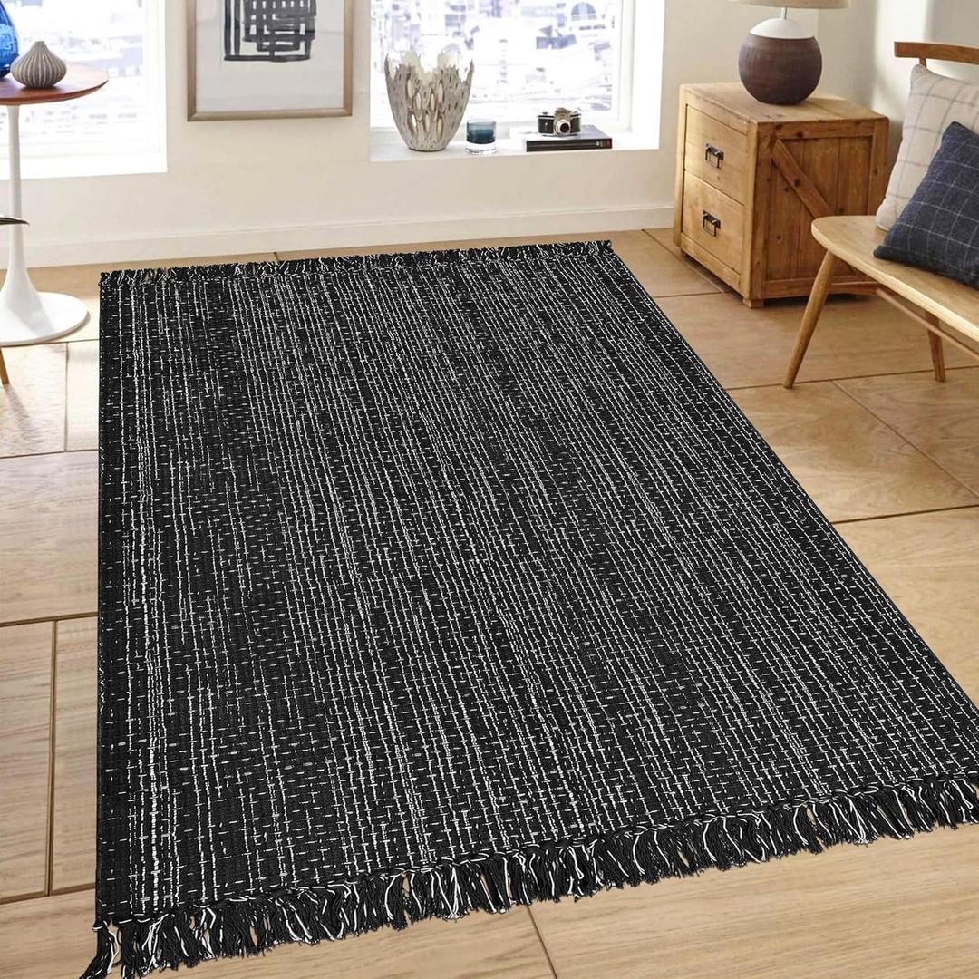 Rugs 4x6 Large Area Rug Washable Cotton Outdoor Tassels Runner Rug, Black and White Neutral Rug Front Porch Decor for Kitchen Living Room Bedroom Patio Farmhouse Entryway Carpet