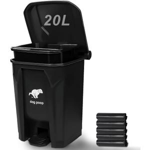 Dog Poop Trash Can Outside, 20L/5Gallon Pedal and Removable Inner Waste Bin, Outdoor Dog Poop Trash Can with 100 Bags, Pet Waste Container for Garden, Black