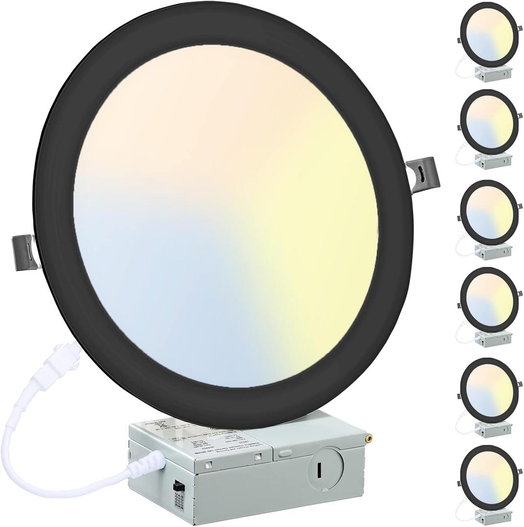 6 Pack 8 Inch LED Recessed Lighting with Junction Box Ultra-Thin, 3000K/4500K/6000K Selectable, 8" Dimmable Canless LED Downlight, 1800LM CRI80 High Brightness 5%-100% Recessed Light (Black)