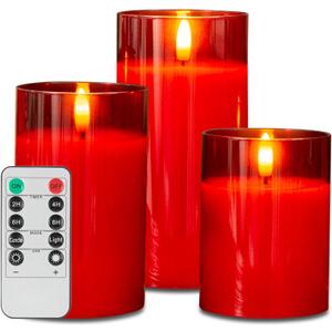 LUSHABOR Christmas Flameless Candles, Red Glass Battery Operated Candles with Remote, Real Wax LED Flickering Flameless Christmas Candles Home Party D3 H4 5" 6", Set of 3-Red